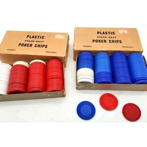 Plastic Poker Chips VTG Games 100 Full Box White Red Blue CHIPS Washable lot